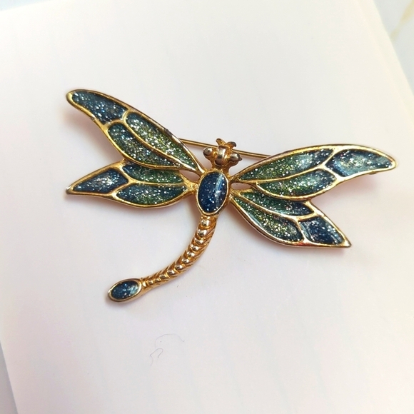 Dragonfly Brooch Pin Blue Green Sparkle Gold tone clasp - Picture 1 of 6